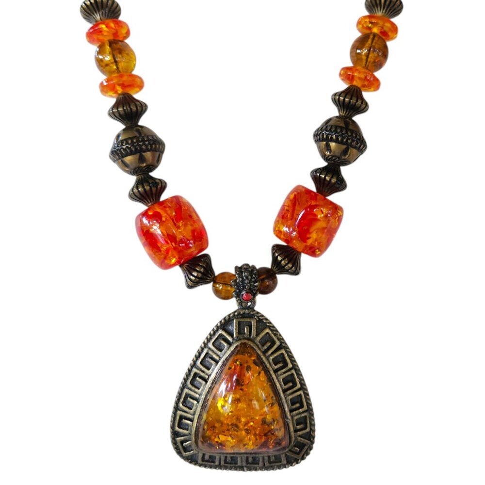 Exotic Tibetan Style Amber Resin Statement Necklace Triangle Pendant Boho Ethnic